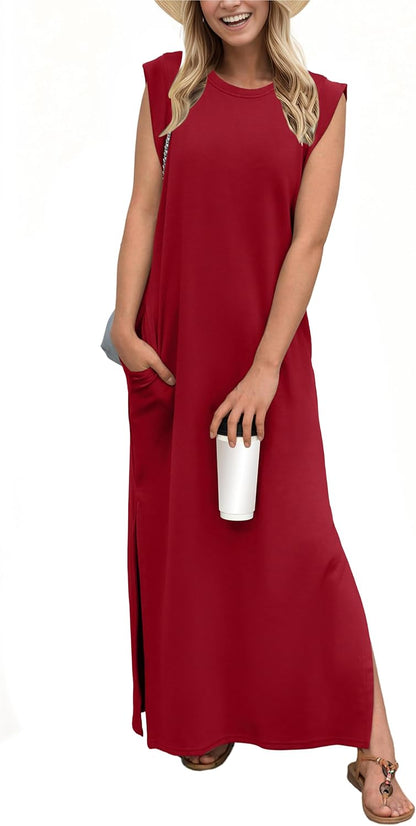 GRECERELLE 2026 Women Year-Round Casual Round Neck Loose Split Wrinkle-Free Long Maxi Vacation Dress with Pockets (XXS-4XL)