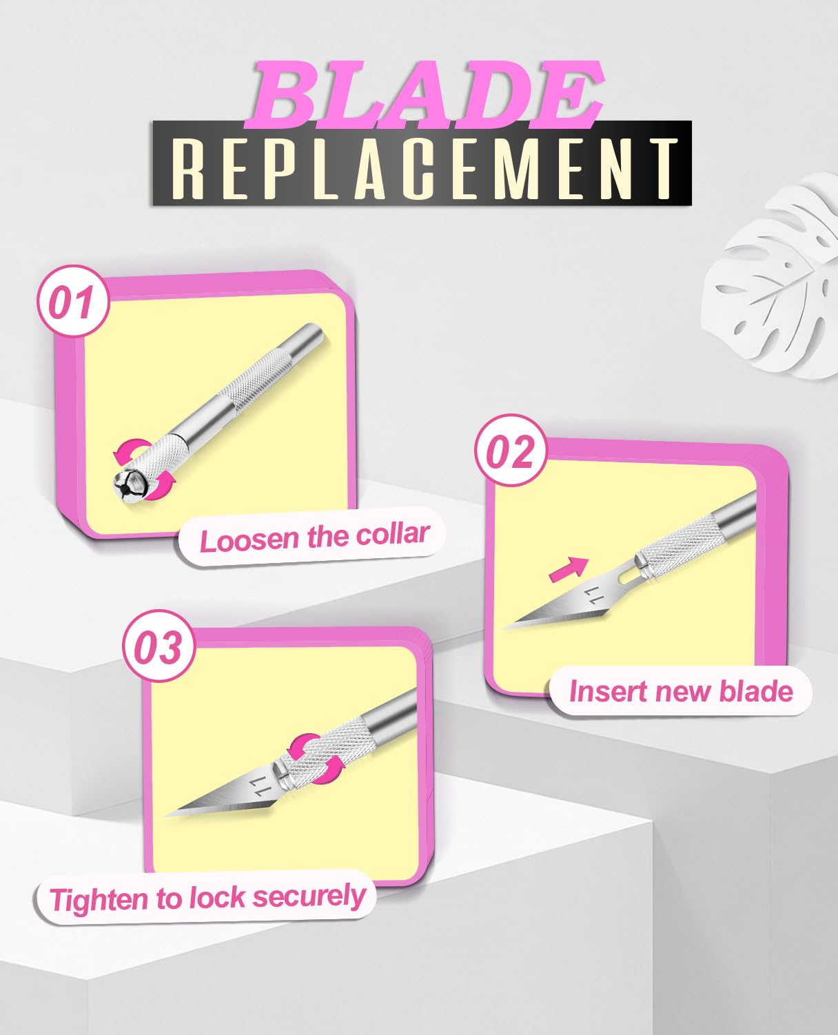 DIYSELF Exacto Knife Set with 10 Extra #11 Blades, 6-Inch Metal Ruler, Pink