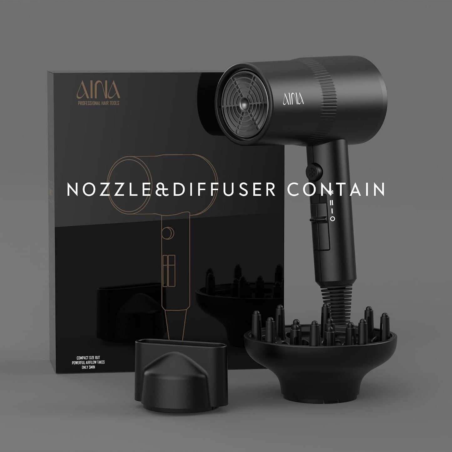 AINA Diffuser Hair Dryer Full-Featured Blow Dryer 110V/1600W(Ash Grey)