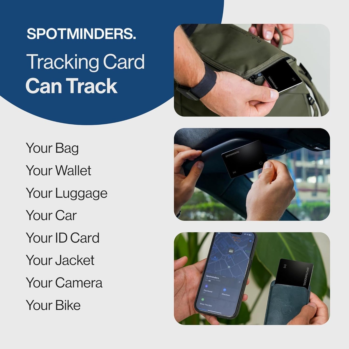 SPOTMINDERS Apple MFi Certified Wallet Tracking Card Black 4-Pack Travel Gifts for Him Works with Apple Find My Rechargeable Tracker IP68 Waterproof 0.07" Slim iPhone Item Finder for Luggage Passport