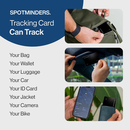 SPOTMINDERS Apple MFi Certified Wallet Tracking Card Black 4-Pack Travel Gifts for Him Works with Apple Find My Rechargeable Tracker IP68 Waterproof 0.07" Slim iPhone Item Finder for Luggage Passport
