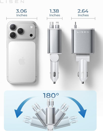 LISEN Retractable Car Charger, 84W Car Charger USB C Fast Charge, 4 in 1