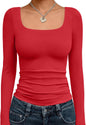Trendy Queen Womens Square Neck Long Sleeve Shirts Double Lined Fall Tops