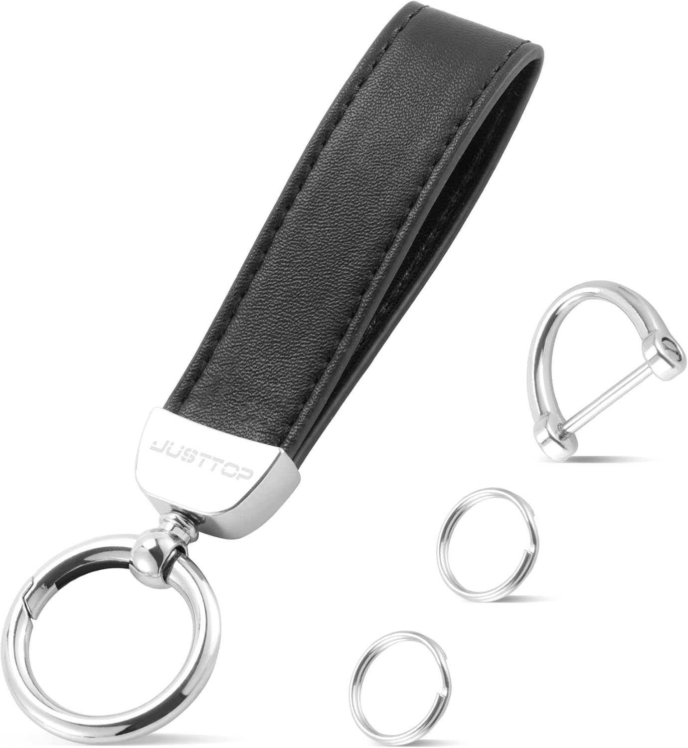 JUSTTOP Leather Keychain, Carbon Fiber Car Key Chain with Anti-Lost D-Ring and 2 Key Ring, Keychain Wristlet, Car Accessories, Universal Keychain for Men and Women (Black)