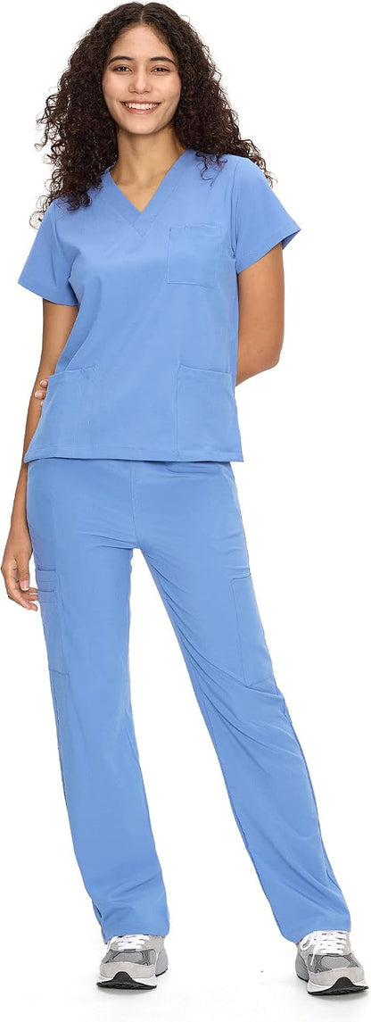 COZYFIT Scrubs for Women Set - V-Neck & Straight Leg Pants with 9 Pockets