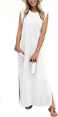 GRECERELLE 2026 Women Year-Round Casual Round Neck Loose Split Wrinkle-Free Long Maxi Vacation Dress with Pockets (XXS-4XL)