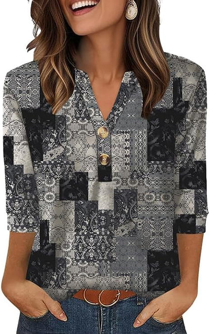 OFEEFAN Womens Tops 3/4 Sleeve Henley Shirts for Women Summer Outfits Fashion Clothing