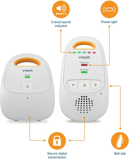 VTech Audio Baby Monitor — No Static DECT 6.0, No WiFi, Hack-Proof | 8Hr Battery, Belt Clip, 1000ft Range, 5-Level Sound Indicator | DM111