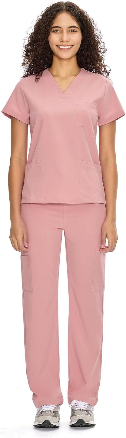 COZYFIT Scrubs for Women Set - V-Neck & Straight Leg Pants with 9 Pockets