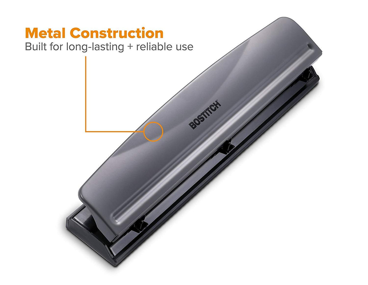 Bostitch Office Premium 3 Hole Punch, 12 Sheet Capacity, Metal, Rubber Base, Easy-Clean Tray, Silver