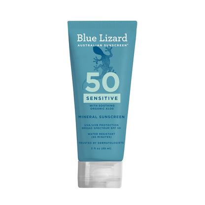 Blue Lizard Sensitive Mineral SPF 50 Sunscreen Lotion, 100% Mineral Sunscreen, UVA/UVB Protection, Infused with organic Aloe Vera, Soothes and Hydrates, 5 fl oz