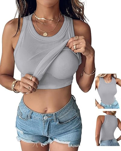 CHICME Women Built-in Bra Tank Tops Sleeveless Racerback Ribbed Fitted Tops