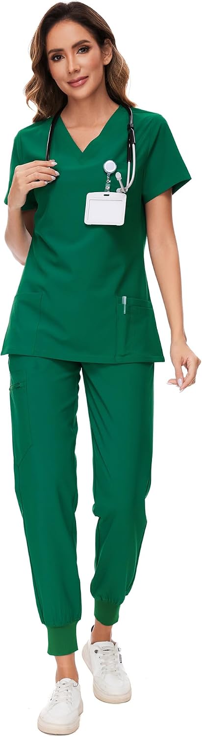 COZYFIT Scrubs for Women Set - Stretch V-Neck & Jogger Pant with 9 Pockets