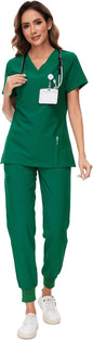 COZYFIT Scrubs for Women Set - Stretch V-Neck & Jogger Pant with 9 Pockets