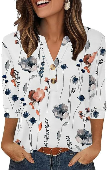 OFEEFAN Womens Tops 3/4 Sleeve Henley Shirts for Women Summer Outfits Fashion Clothing