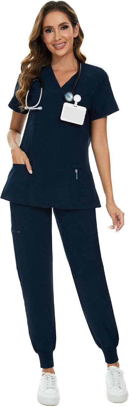 COZYFIT Scrubs for Women Set - Stretch V-Neck & Jogger Pant with 9 Pockets