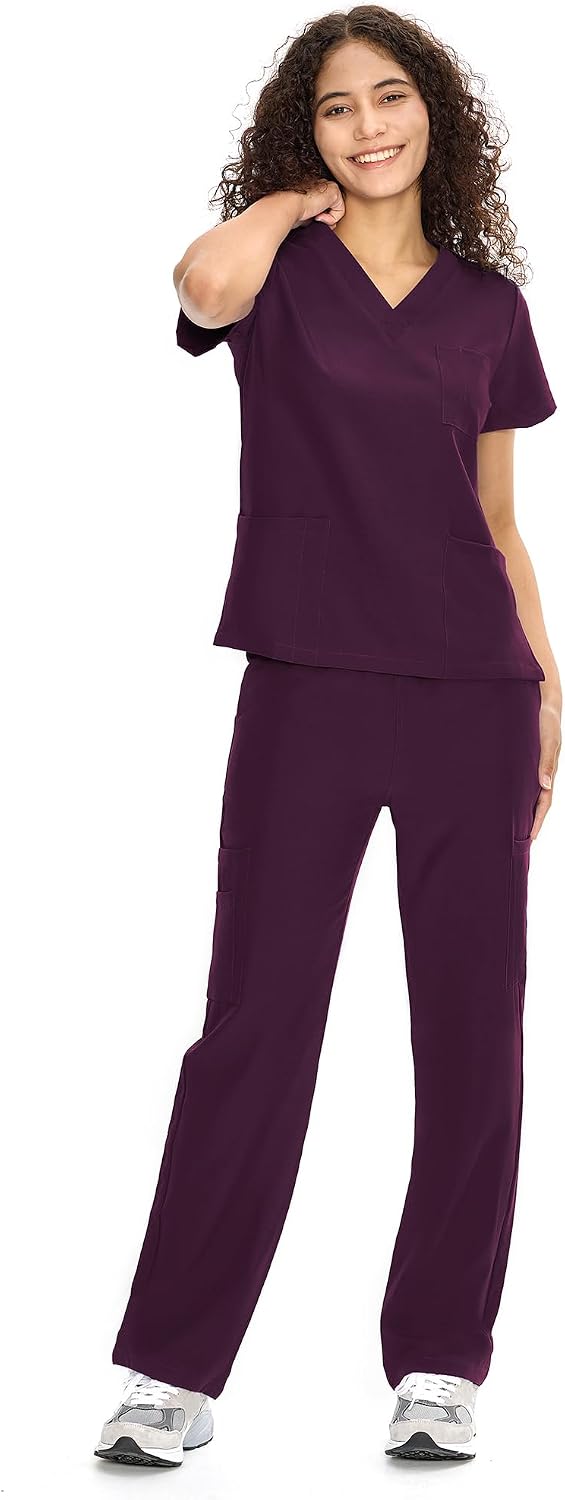 COZYFIT Scrubs for Women Set - V-Neck & Straight Leg Pants with 9 Pockets