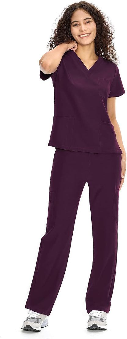 COZYFIT Scrubs for Women Set - V-Neck & Straight Leg Pants with 9 Pockets