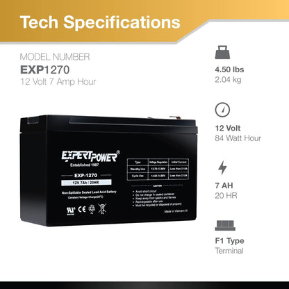 ExpertPower EXP1270, 12V 7Ah Battery SLA Rechargeable with F1 Terminals
