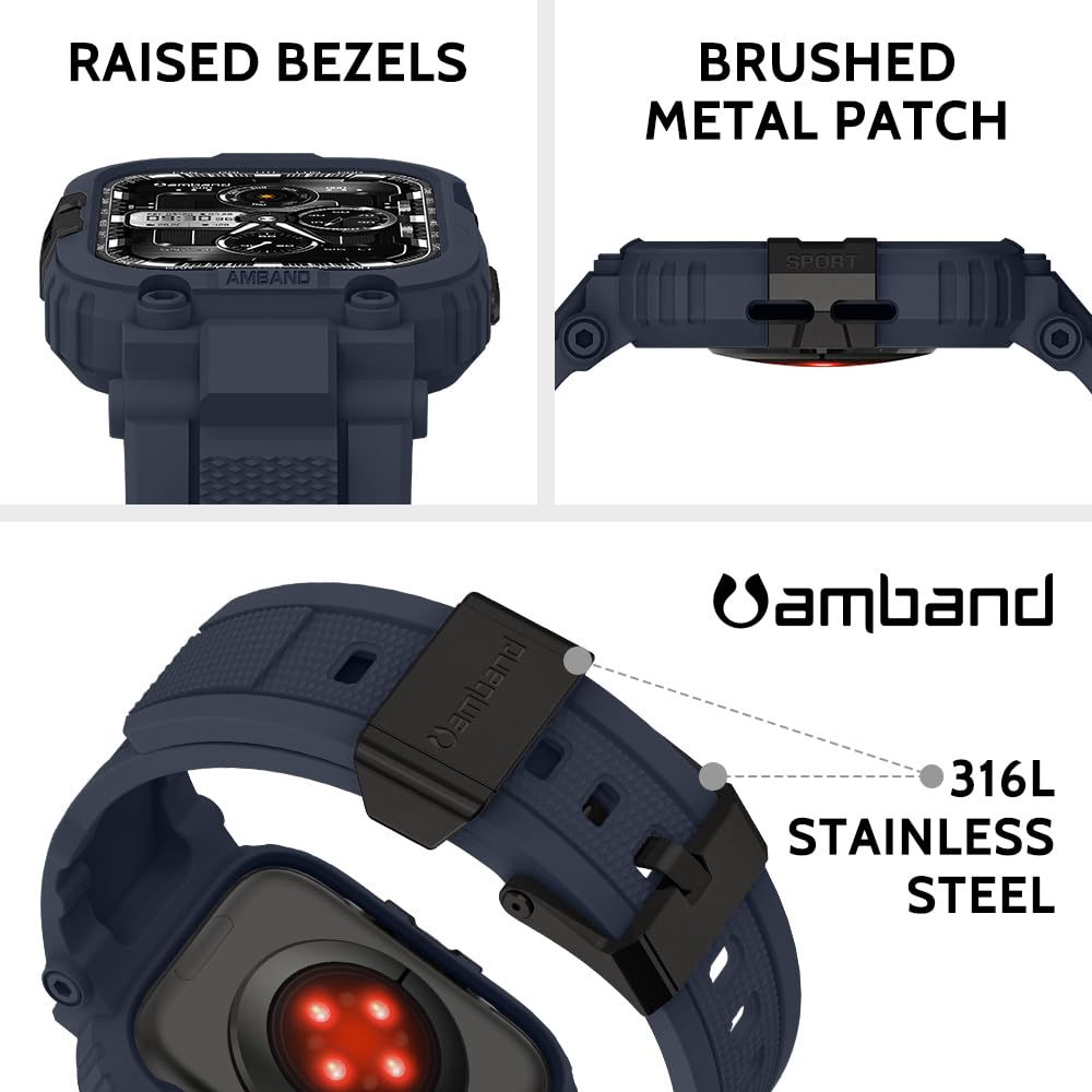 amBand Bands Compatible with Apple Watch 9/8/7/6/5/4 & SE 3/2/1 45mm/44mm Case for Men, M1 Sport Series Rugged Case Protective Cover for iWatch SE3/SE2/6/SE/5/4 44/45 mm Men Black
