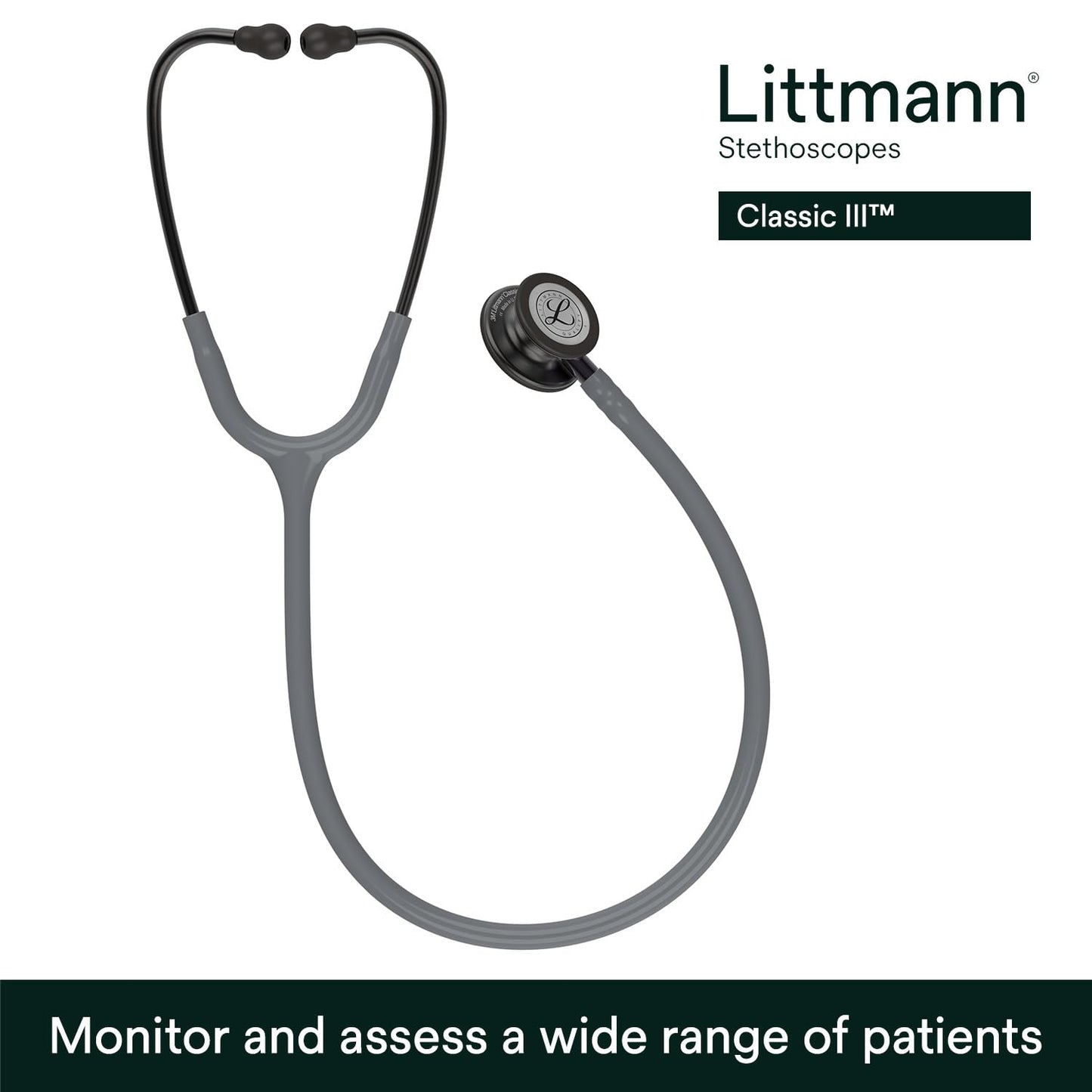 3M Littmann Classic III Monitoring Stethoscope, 5803, More Than 2X as Loud, Weighs Less, Stainless Steel Black-Finish Chestpiece, 27" Black Tube, Stem and Headset