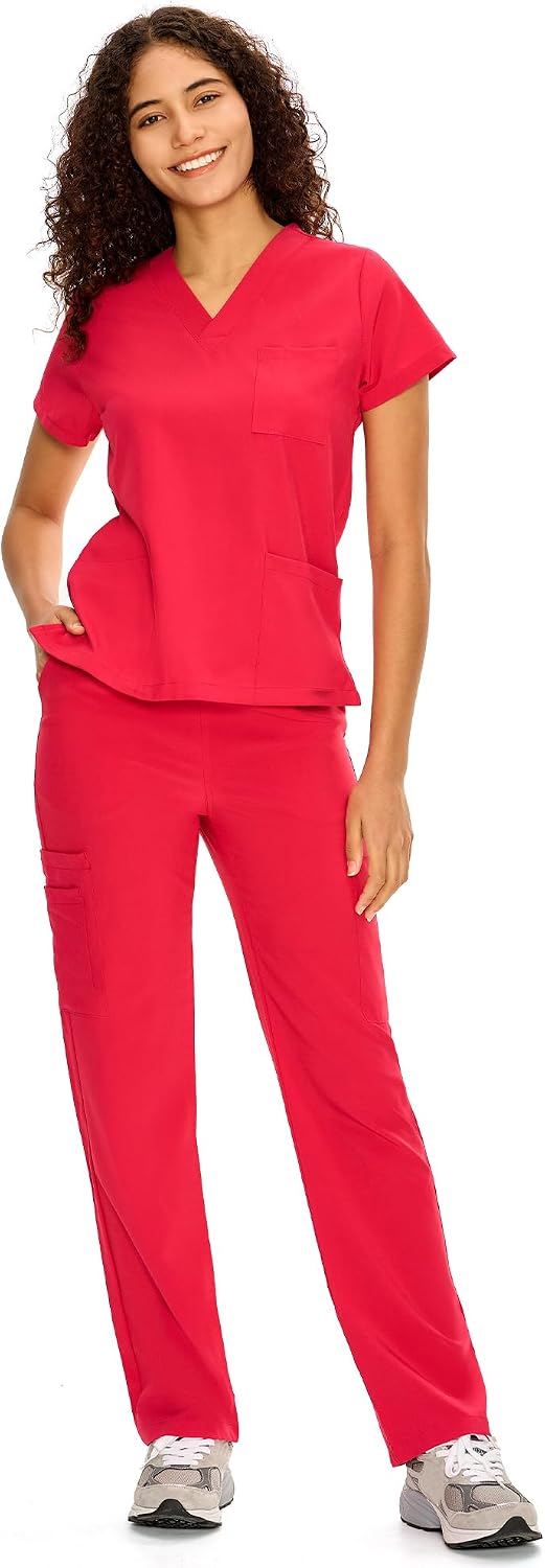 COZYFIT Scrubs for Women Set - V-Neck & Straight Leg Pants with 9 Pockets