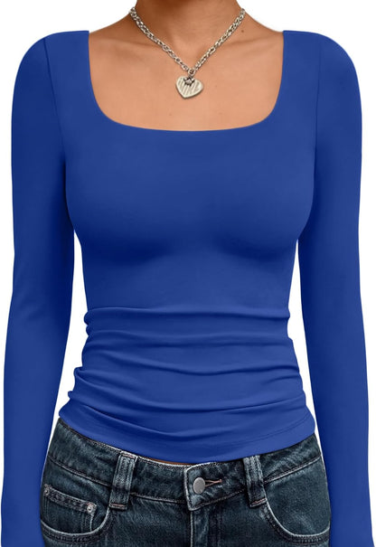 Trendy Queen Womens Square Neck Long Sleeve Shirts Double Lined Fall Tops