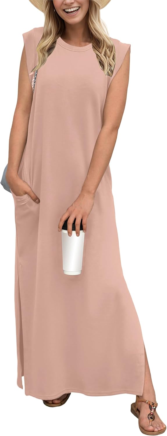 GRECERELLE 2026 Women Year-Round Casual Round Neck Loose Split Wrinkle-Free Long Maxi Vacation Dress with Pockets (XXS-4XL)