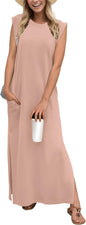 GRECERELLE 2026 Women Year-Round Casual Round Neck Loose Split Wrinkle-Free Long Maxi Vacation Dress with Pockets (XXS-4XL)