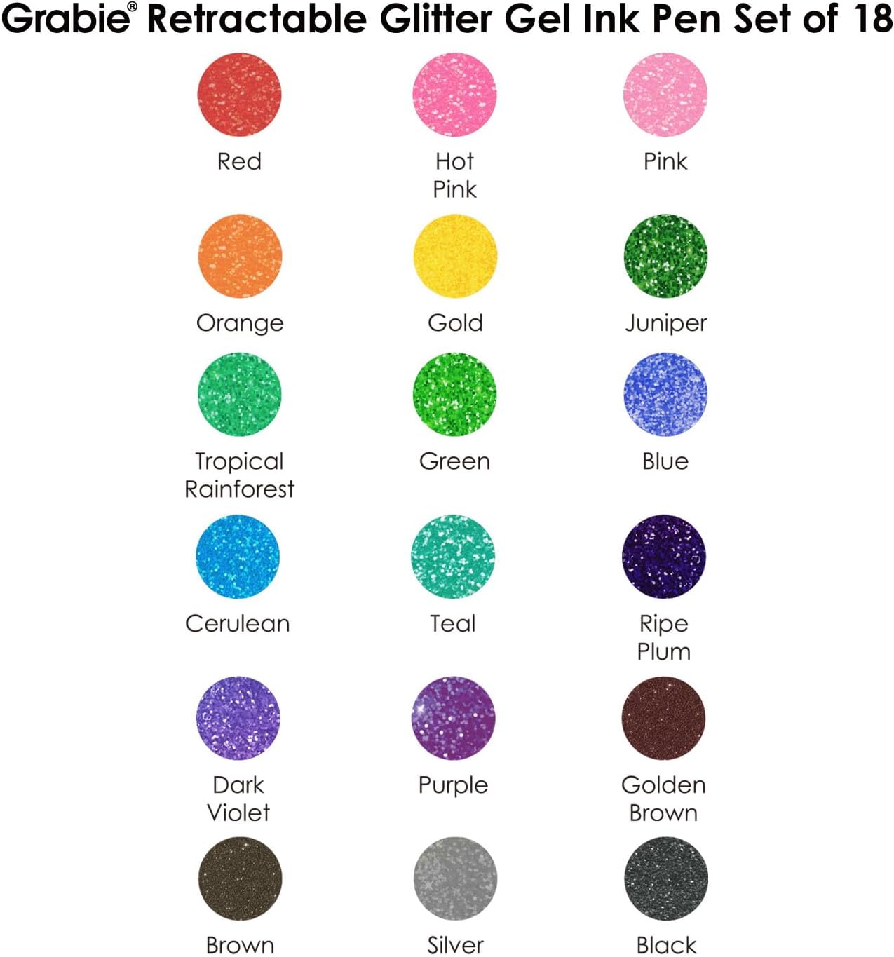 Grabie 18 Color Glitter Gel Pens, Retractable Sparkle Art Pens
