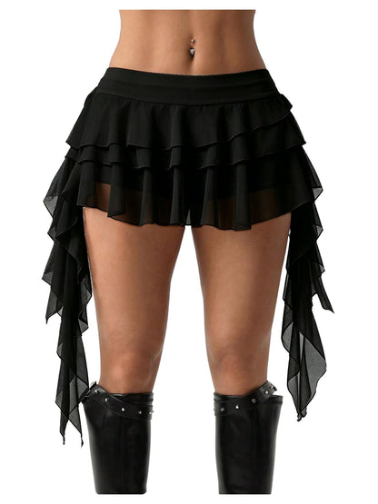 Women's Y2K Mini Skirt Ruffle Lace Mesh Asymmetrical Flowy Short Skort