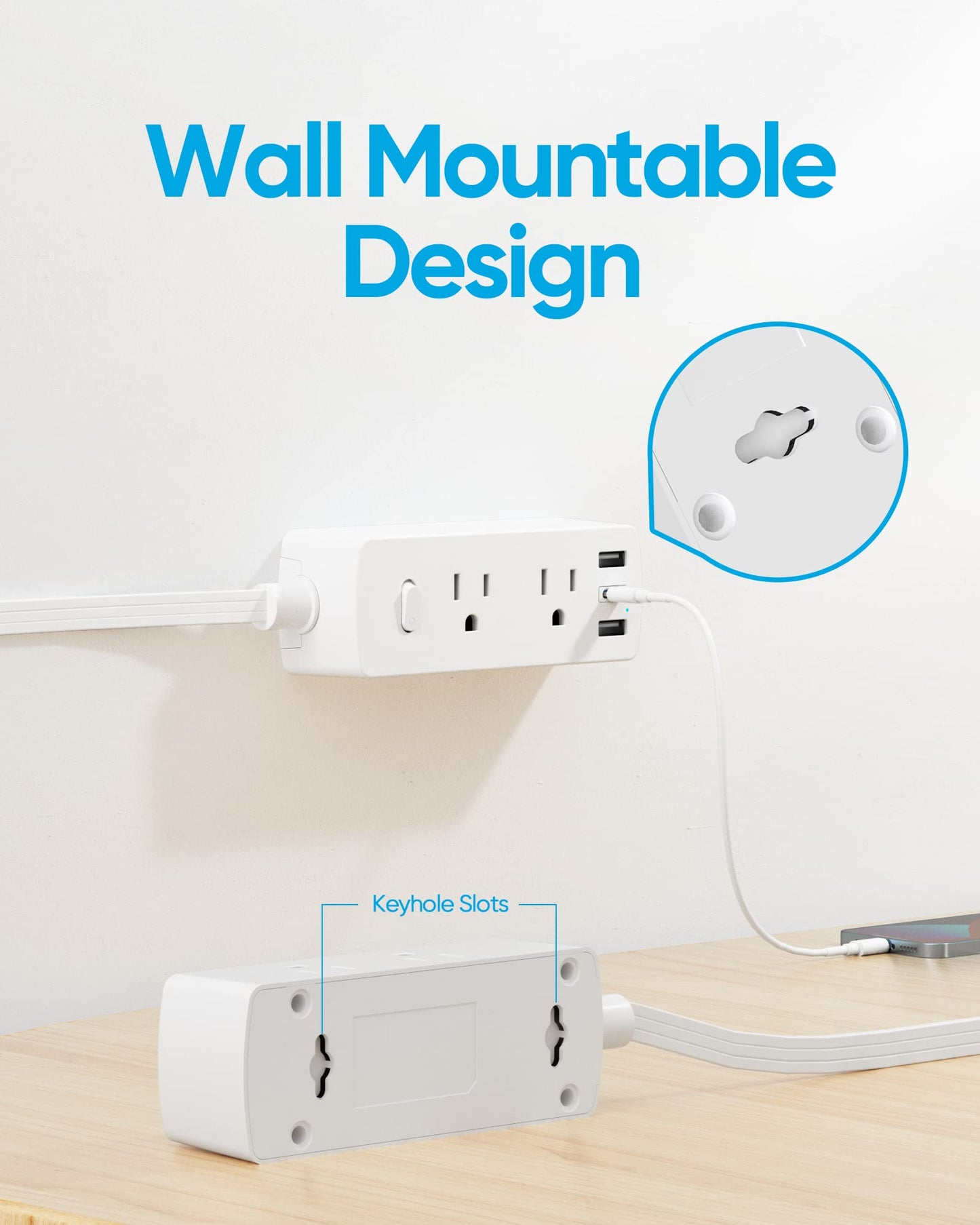 Olcorife Flat Plug Power Strip with 5 FT Extension Cord, 6 Outlets 3 USB Ports(1 USB C), 3 Sided Outlet Extender for Home Office Travel Dorm Room Essentials, White