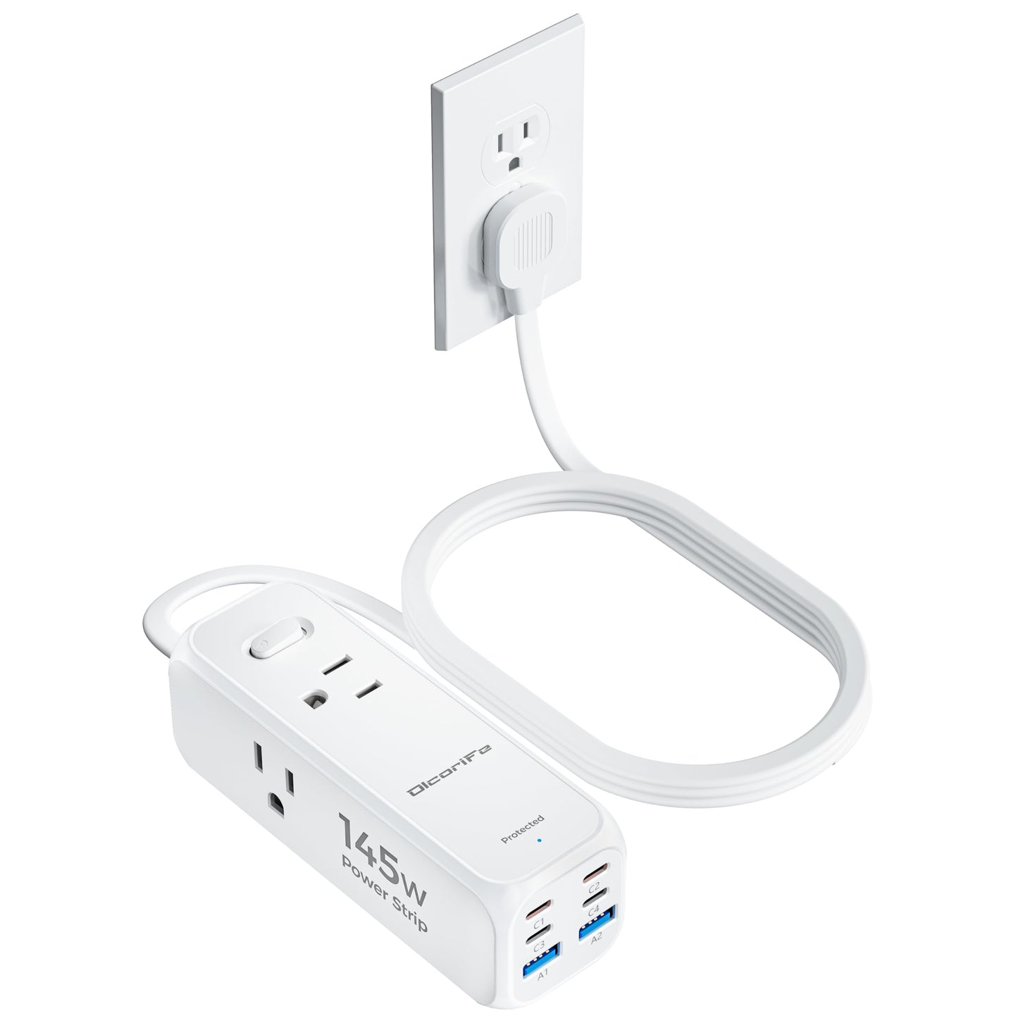 Olcorife Flat Plug Power Strip with 5 FT Extension Cord, 6 Outlets 3 USB Ports(1 USB C), 3 Sided Outlet Extender for Home Office Travel Dorm Room Essentials, White