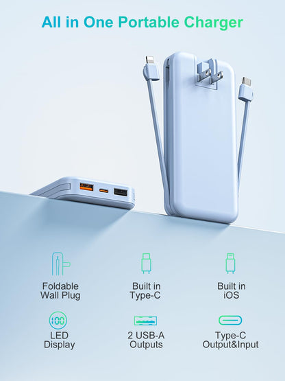 citicr Portable Charger 10000mAh PD20W w/Built-in Cables & Wall Plug White
