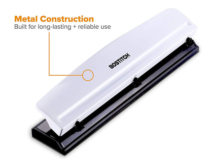 Bostitch Office Premium 3 Hole Punch, 12 Sheet Capacity, Metal, Rubber Base, Easy-Clean Tray, Silver