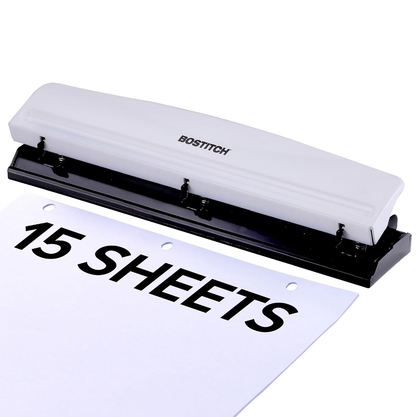 Bostitch Office Premium 3 Hole Punch, 12 Sheet Capacity, Metal, Rubber Base, Easy-Clean Tray, Silver