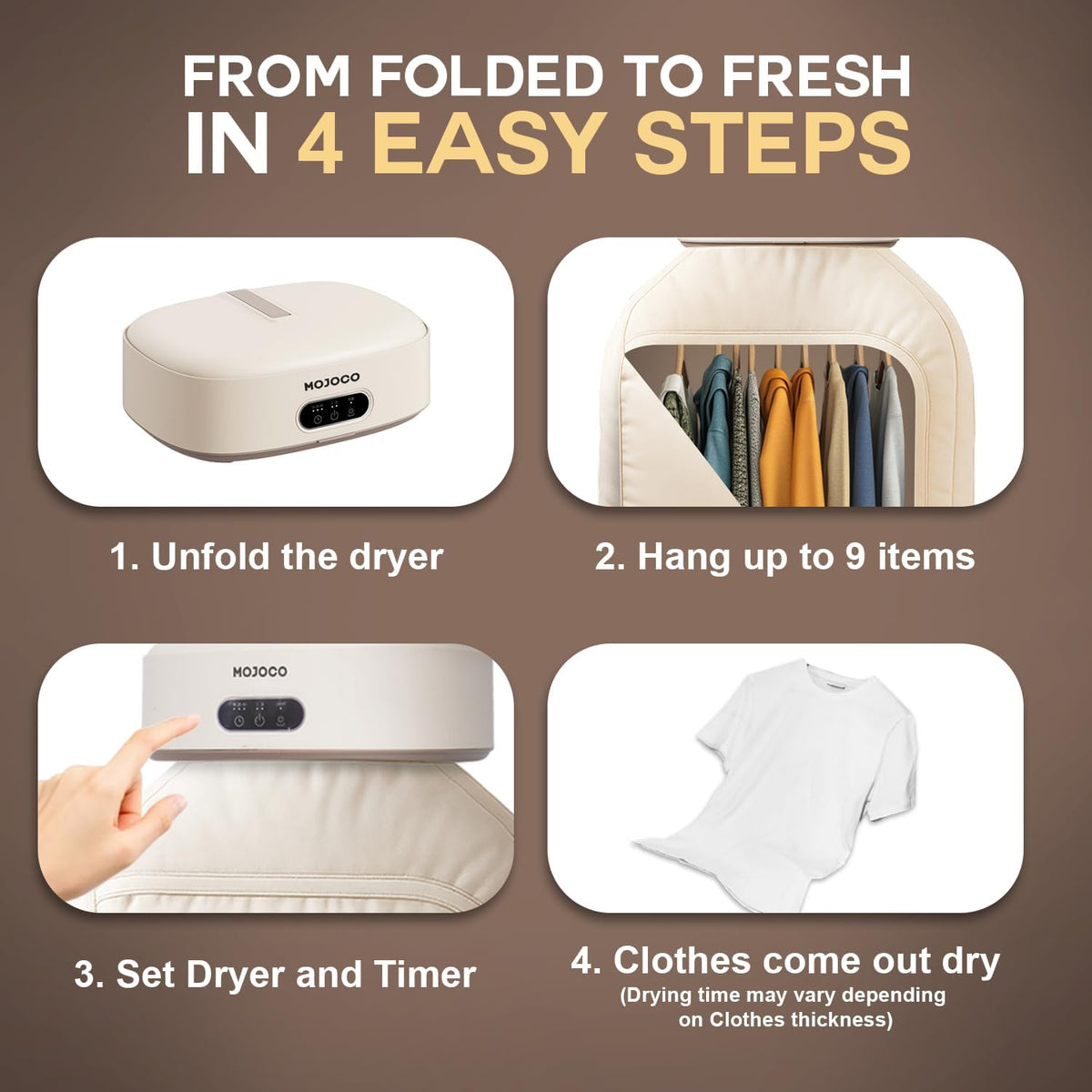 MOJOCO Portable Clothes Dryer - 600w Compact Dryer for Apartment, Travel