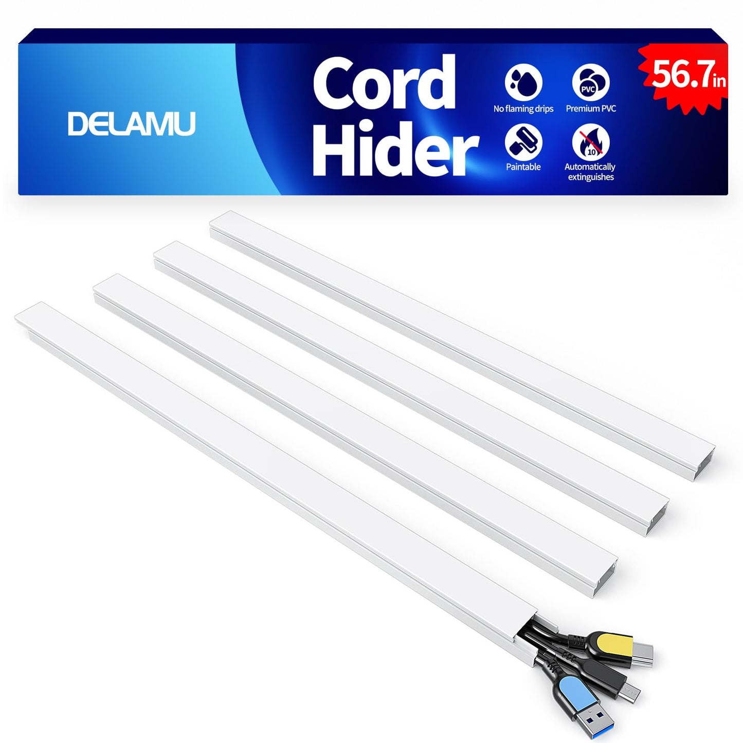 Wire Hider, 157in Delamu Cord Hider Wall, Paintable Wire Covers for Cords, TV Cable Hider Wall Kit, Cable Covers Raceway, Cable Management Hide TV Cords for Wall Mount TV, 10XL15.7 W0.95 H0.55in Brown