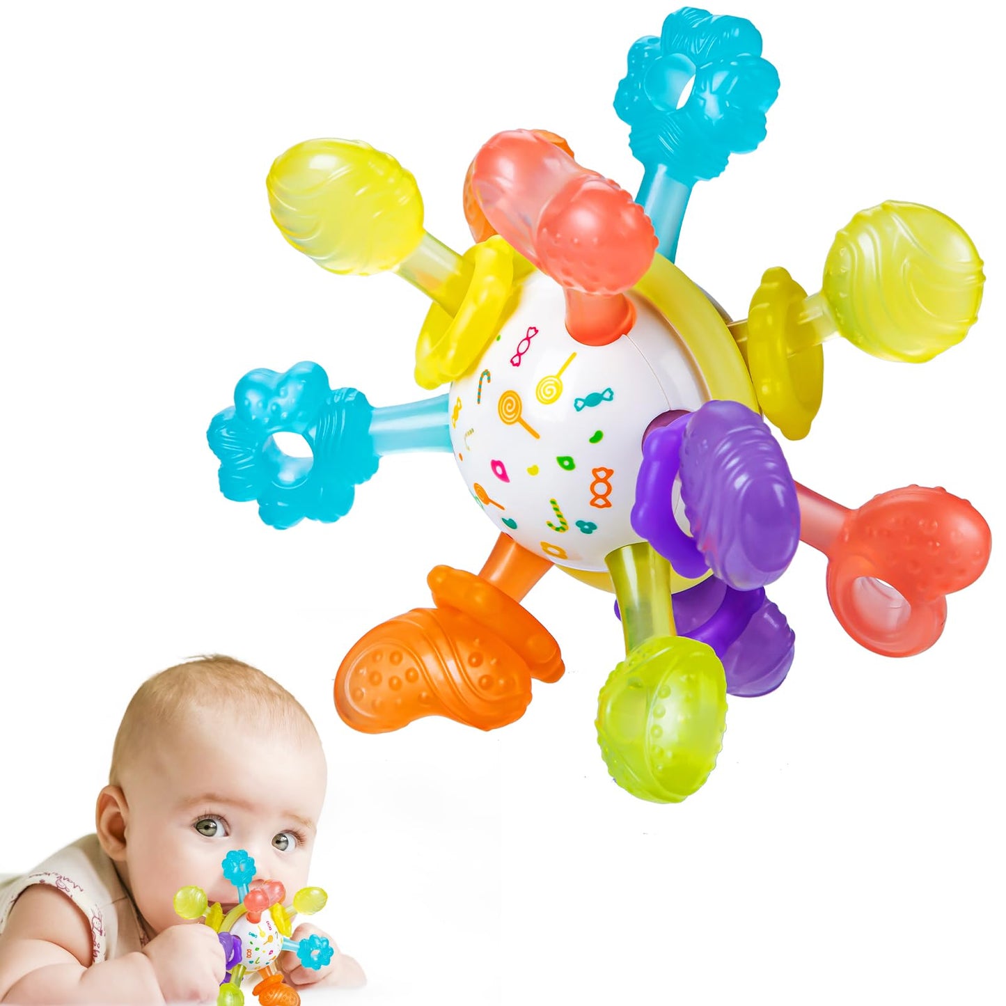 Baby Montessori Sensory Teething Toy 0-6 6-12 Months, Teether Ball & Rattle