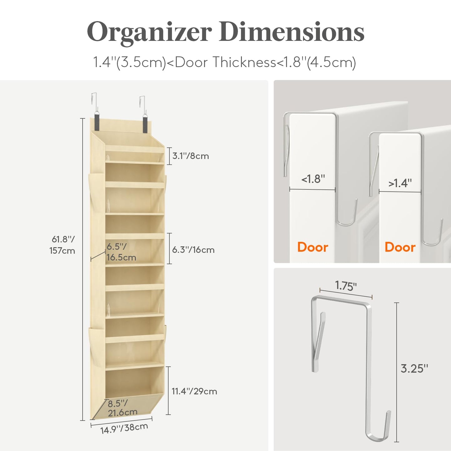 Lifewit 1 Pack Over the Door Organizer, 5 Section Hanging Storage, Beige