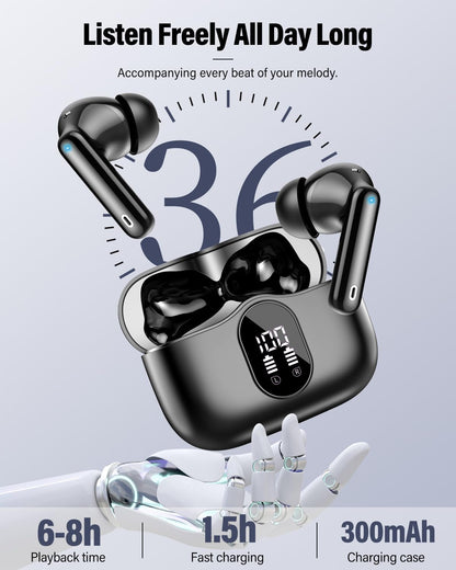 Wireless Earbuds, Bluetooth 5.4 Headphones Bass Stereo/Clear Calls, Black