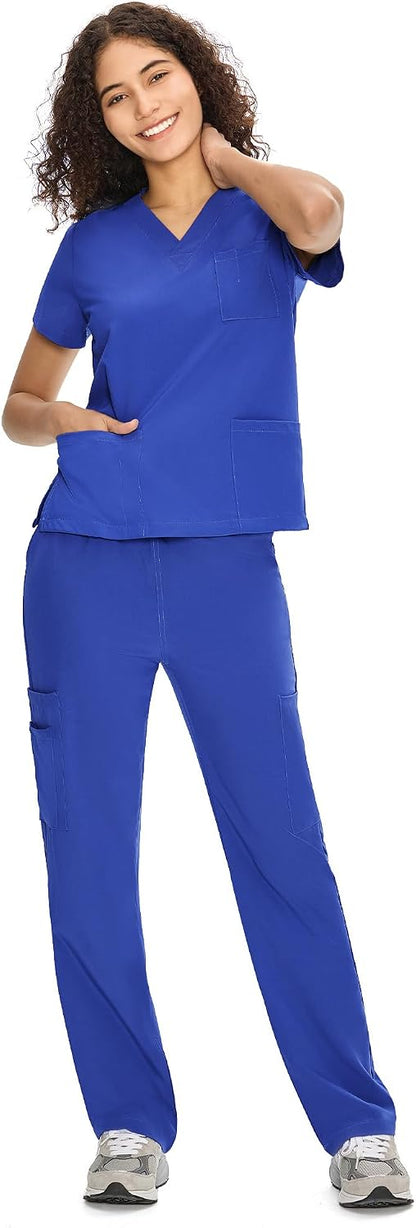 COZYFIT Scrubs for Women Set - V-Neck & Straight Leg Pants with 9 Pockets