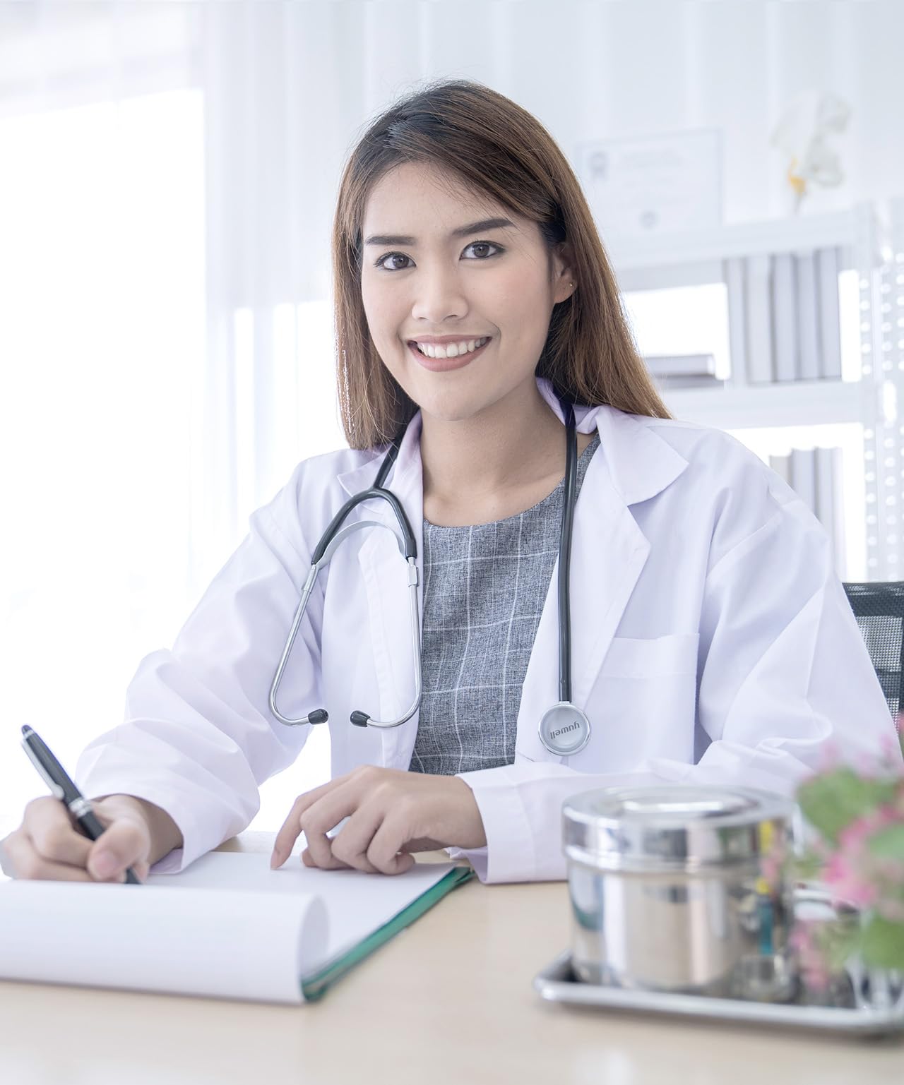 White Lab Coat for Women with Side-Slit Access and 3 Pockets for College