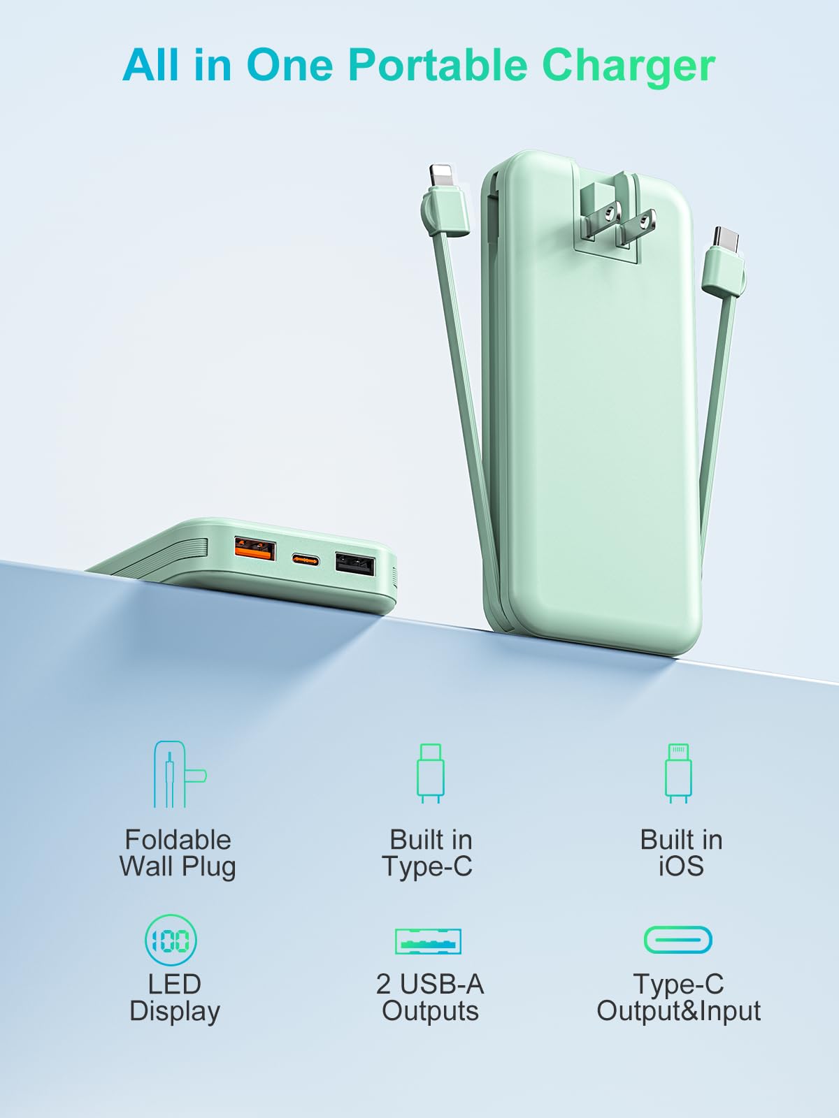 citicr Portable Charger 10000mAh PD20W w/Built-in Cables & Wall Plug White