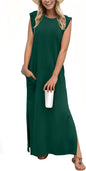 GRECERELLE 2026 Women Year-Round Casual Round Neck Loose Split Wrinkle-Free Long Maxi Vacation Dress with Pockets (XXS-4XL)