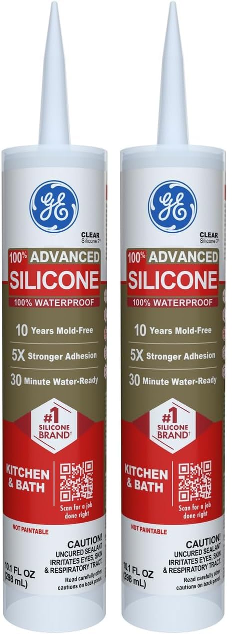 GE Advanced Silicone Caulk for Kitchen & Bathroom, White, 10 fl oz Cartridge, 1 Pack - 100% Waterproof Silicone Sealant, 5X Stronger Adhesion, Shrink & Crack Proof