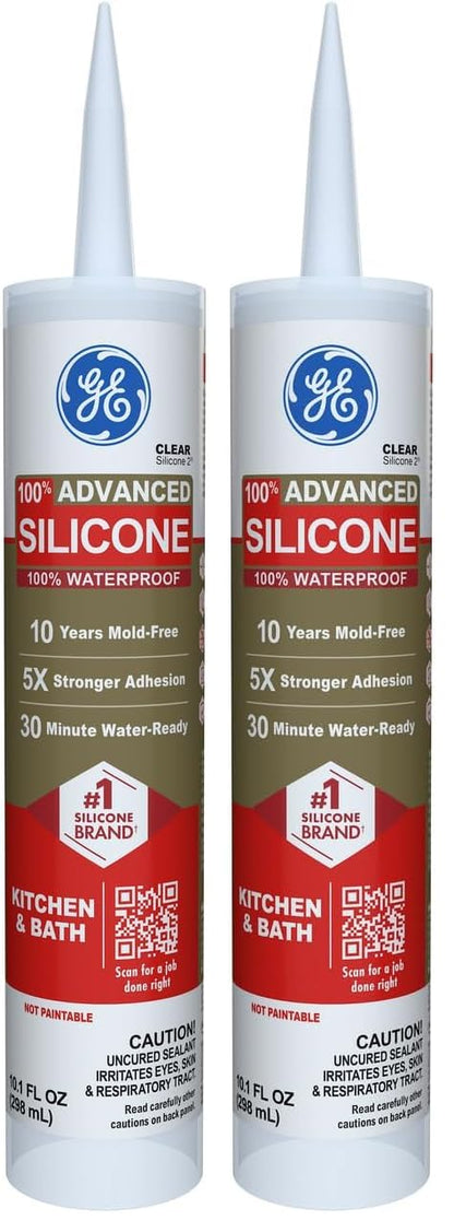 GE Advanced Silicone Caulk for Kitchen & Bathroom, White, 10 fl oz Cartridge, 1 Pack - 100% Waterproof Silicone Sealant, 5X Stronger Adhesion, Shrink & Crack Proof