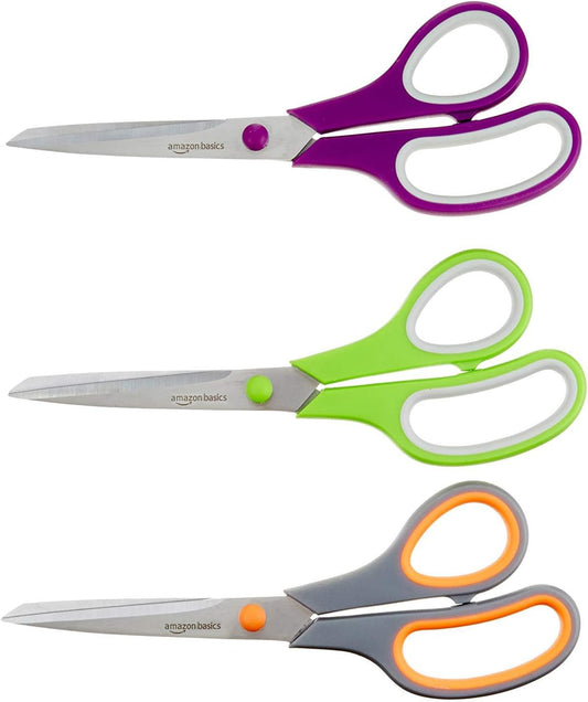 Amazon Basics Multipurpose Stainless Steel Scissors for Office, Crafts, Right/Left Handed, Comfort Grip, PVD Coated, 3-Pack, Multicolor