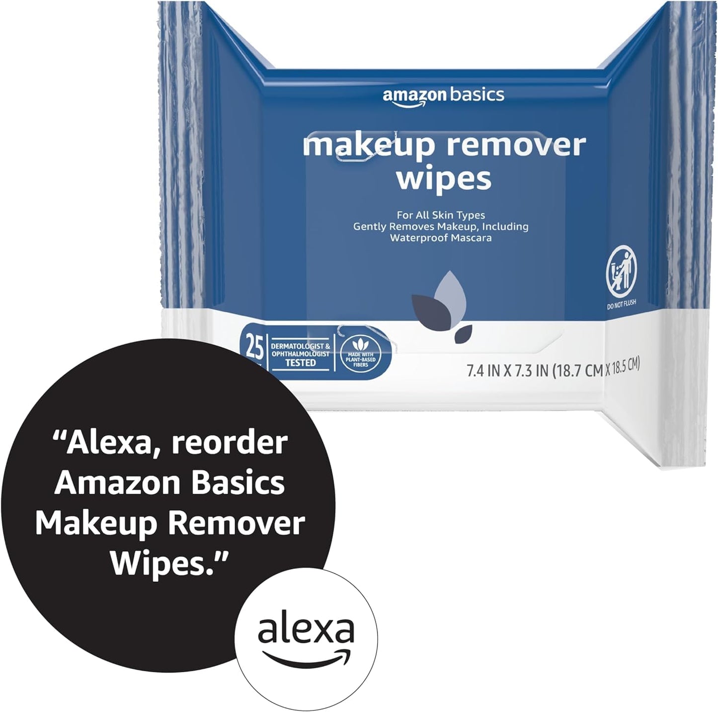 Amazon Basics Makeup Remover Wipes, Fragrance-Free, Alcohol-Free, Gentle Cleansing, Plant-Based, Dermatologist Tested, Removes Waterproof Mascara, Resealable, 25 Count, 1-Pack
