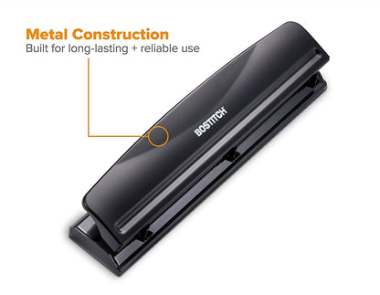 Bostitch Office Premium 3 Hole Punch, 12 Sheet Capacity, Metal, Rubber Base, Easy-Clean Tray, Silver